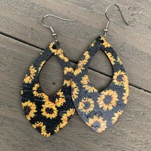 Black Sunflower Cork and Leather Teardrop Earrings